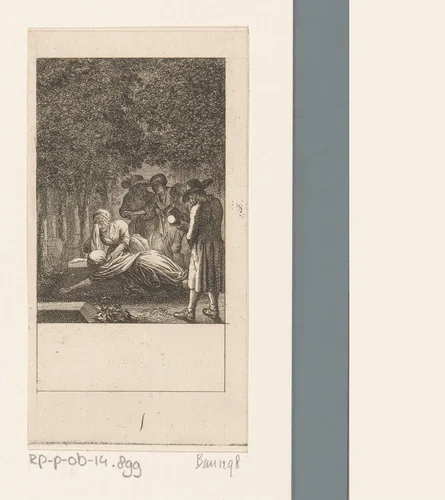 Camille en haar dienstmeid Betty buigen zich wenend over het graf van Sir Robert by Daniel Nikolaus Chodowiecki, print, 1787