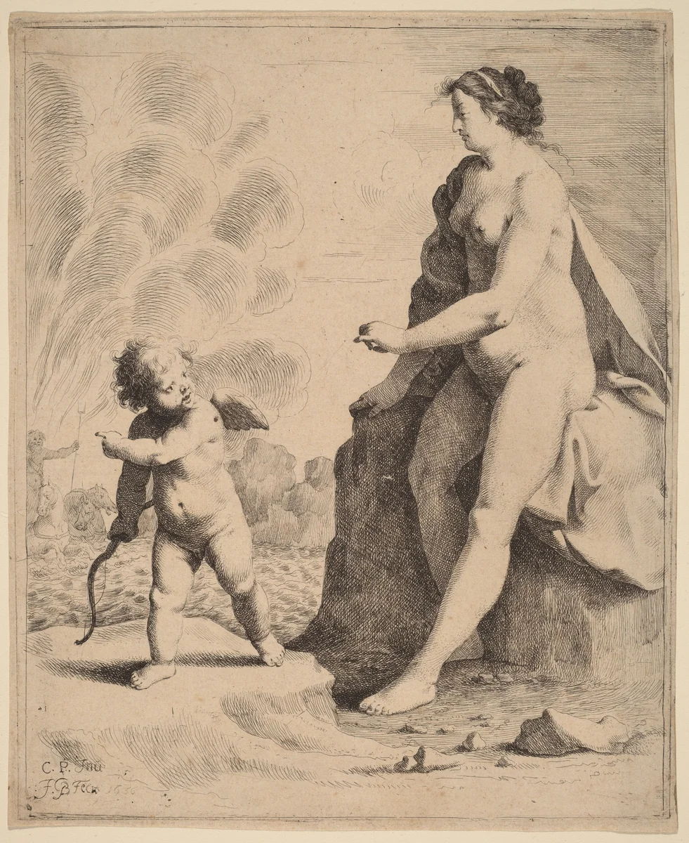 Venus and Cupid by Jan Gerritsz van Bronckhorst; Cornelis van Poelenburch, print, 1636