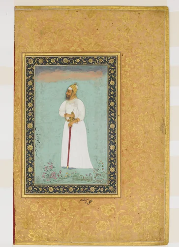 "Portrait of Ibrahim 'Adil Shah II of Bijapur", Folio from the Shah Jahan Album by Hashim, manuscript, 1510-1645