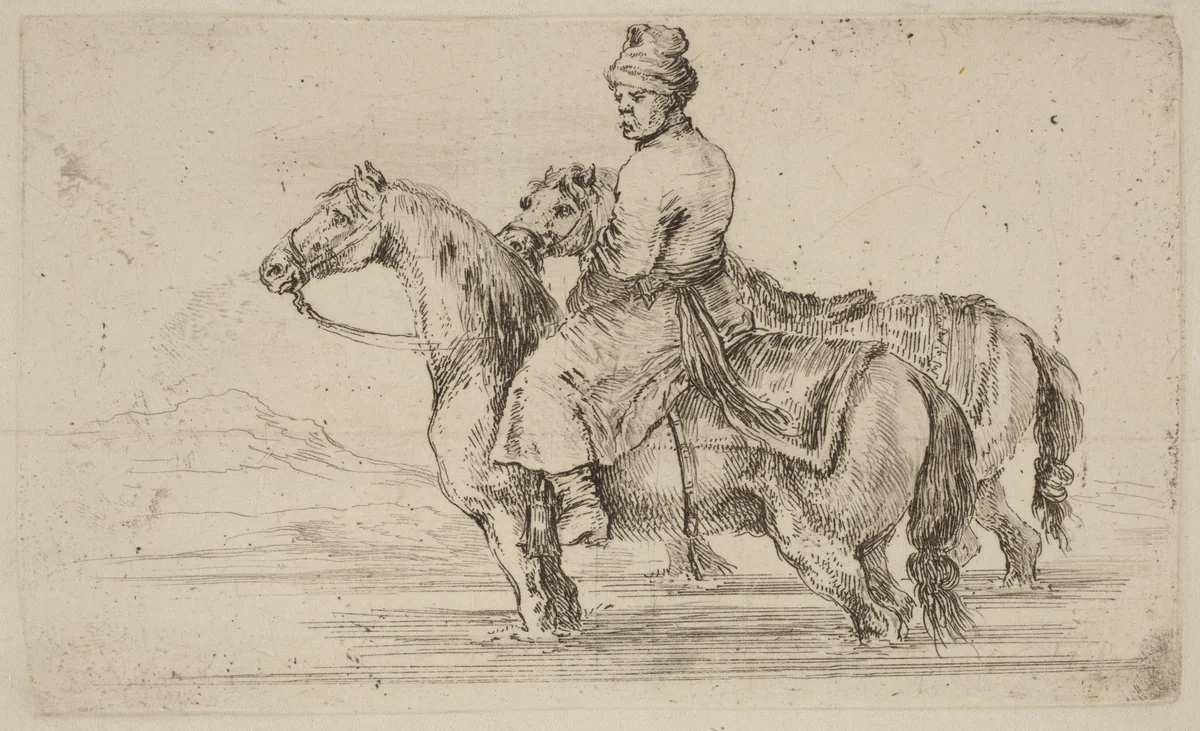 Polish Attendant with Two Horses by Stefano della Bella, print, 1610-1664