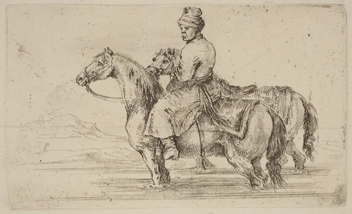 Polish Attendant with Two Horses by Stefano della Bella, print, 1610-1664
