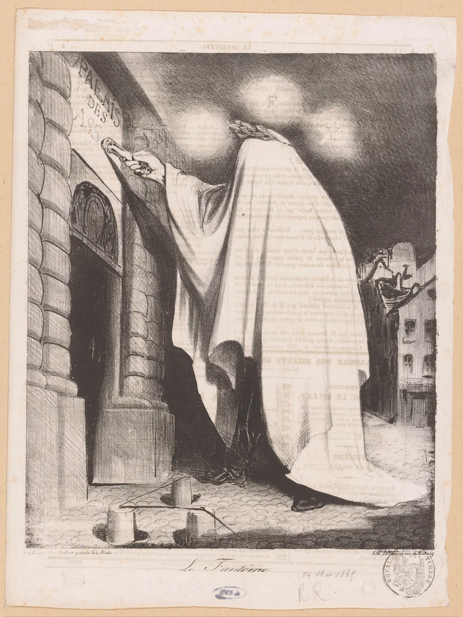 Spook van maarschalk Ney klopt aan bij Palais du Luxembourg by Honoré Daumier, print, 1835