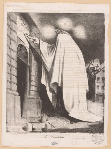 Spook van maarschalk Ney klopt aan bij Palais du Luxembourg by Honoré Daumier, print, 1835