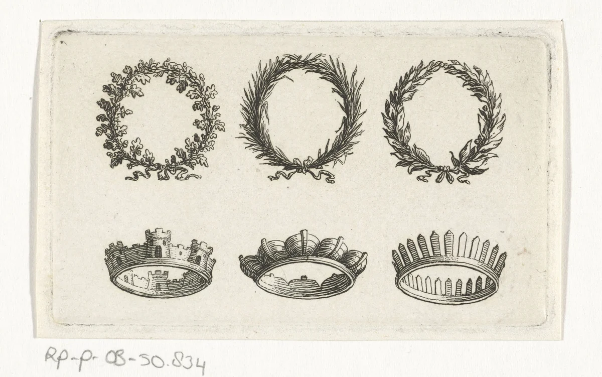 Drie lauwerkransen en drie kronen by Simon Fokke, print, 1722-1784