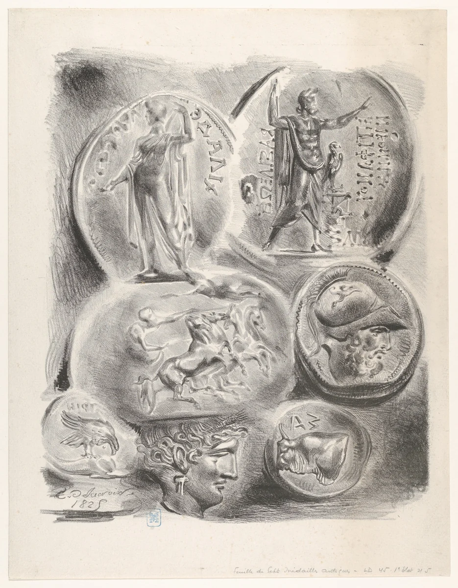 Studies of Seven Greek Coins by Eugène Delacroix, print, 1825