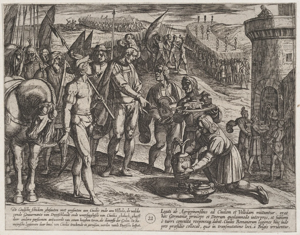 Plate 21: Envoys from Cologne Bring Presents to Civilis, from The War of the Romans Against the Batavians (Romanorvm et Batavorvm societas) by Antonio Tempesta, print, 1611-1612