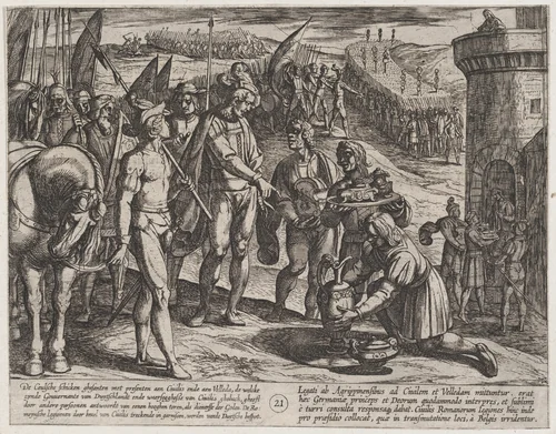 Plate 21: Envoys from Cologne Bring Presents to Civilis, from The War of the Romans Against the Batavians (Romanorvm et Batavorvm societas) by Antonio Tempesta, print, 1611-1612