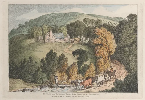 View of the Church and Village of St. Cue, Cornwall by Thomas Rowlandson, print, 1812