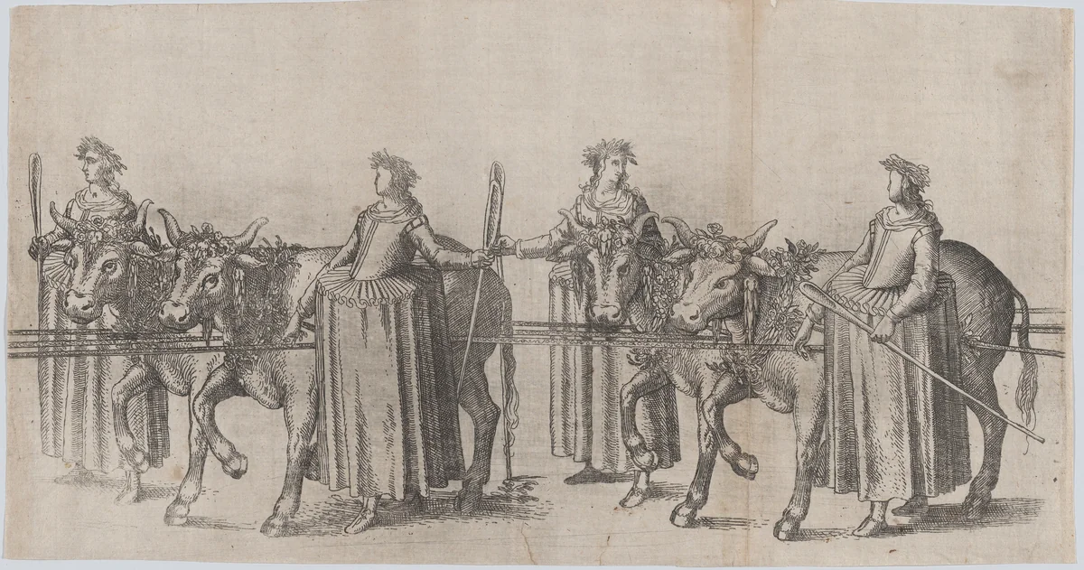 Four women walking alongside four cows; plate from 'Repraesentatio Der Fürstlichen Auffzug und Ritterspil... Herrn Johann Friderichen Hertzogen zu Württenberg und Teckh... und Fürstin Barbara Sophien ...' Stuttgart, November 6, 1609 by Balthasar Küchler, print, 1611