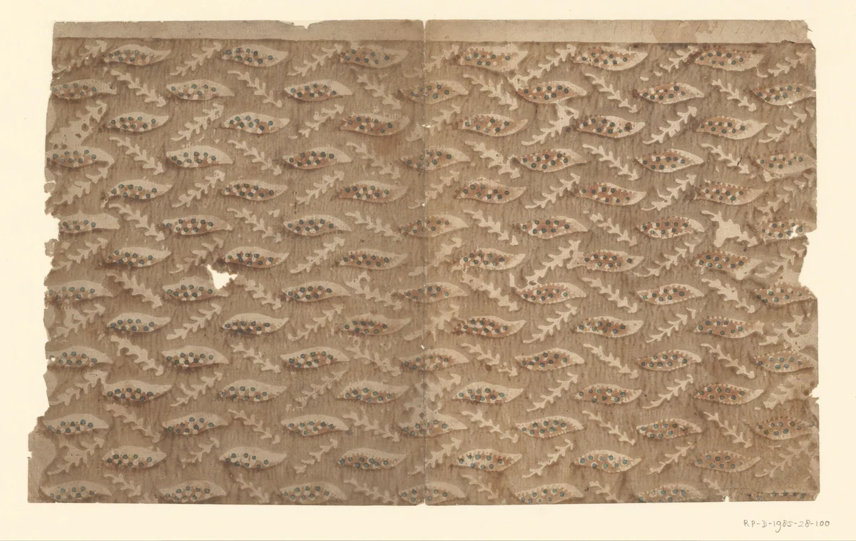 Blad met alternerend strooipatroon van uitgespaarde takjes en blaadjes by anonymous, other, 1750-1900