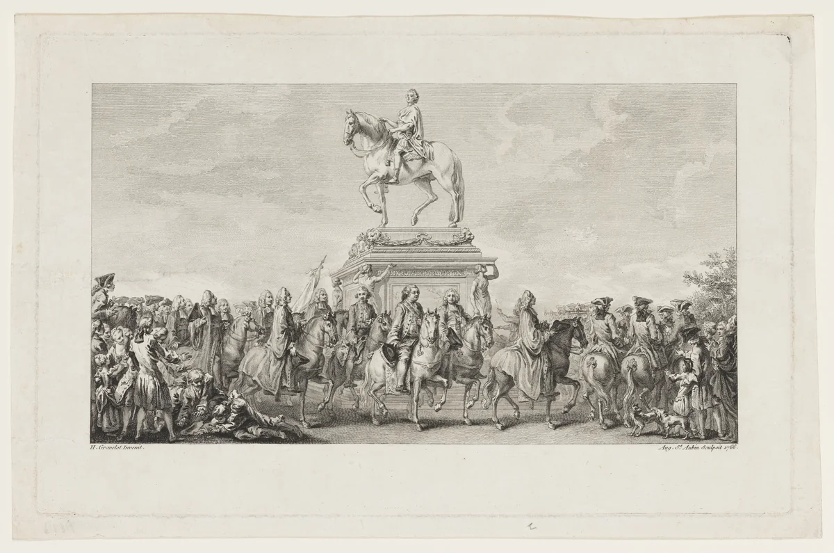 The Inauguration of the Statue of Louis XV, Vignette on page 1, from Description des Travaux qui ont précédé. accompagné et suivi la fonte en bronze d'un seul jet de la Statue Equèstre de Louis XV le bien-aimé dressée sur les mémoires de M. Lempereur ancien Echevin. Par M. Mariette, Honoraire amateur de l'Académie Royale de Peinture et Sculpture, A Paris de l'Imprimerie de P.G. Le Mercier by Augustin de Saint-Aubin, print, 1766