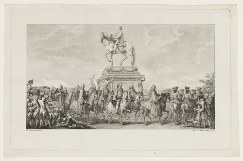 The Inauguration of the Statue of Louis XV, Vignette on page 1, from Description des Travaux qui ont précédé. accompagné et suivi la fonte en bronze d'un seul jet de la Statue Equèstre de Louis XV le bien-aimé dressée sur les mémoires de M. Lempereur ancien Echevin. Par M. Mariette, Honoraire amateur de l'Académie Royale de Peinture et Sculpture, A Paris de l'Imprimerie de P.G. Le Mercier by Augustin de Saint-Aubin, print, 1766