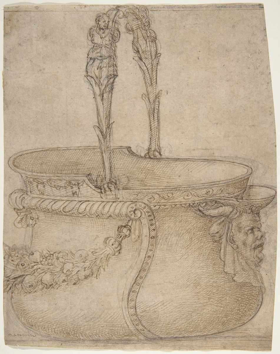 Design for a Bucket-Like Vessel with a Handle of Two Interlaced Captives, on a Body Adorned with a Scroll, Garland, and a Spout with a Satyr's Head by Girolamo Genga, drawing, 1540-1550