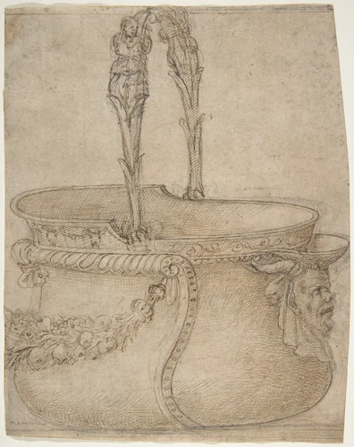 Design for a Bucket-Like Vessel with a Handle of Two Interlaced Captives, on a Body Adorned with a Scroll, Garland, and a Spout with a Satyr's Head by Girolamo Genga, drawing, 1540-1550