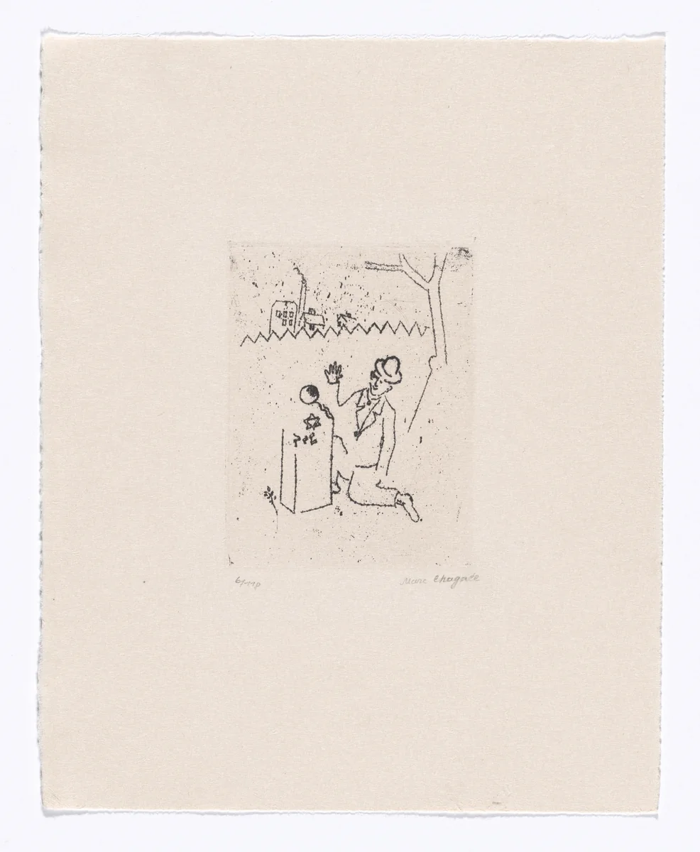 At Mother's Grave (Am Grabstein der Mutter) from My Life (Mein Leben) by Marc Chagall, illustrated book, 1922