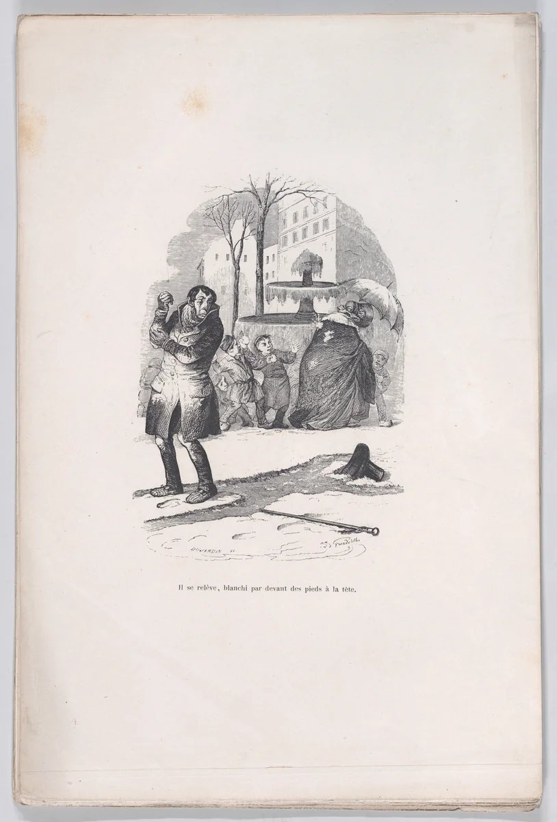He gets up, covered from head to toe in snow, from "Little Miseries of Human Life" by J. J. Grandville, print, 1843