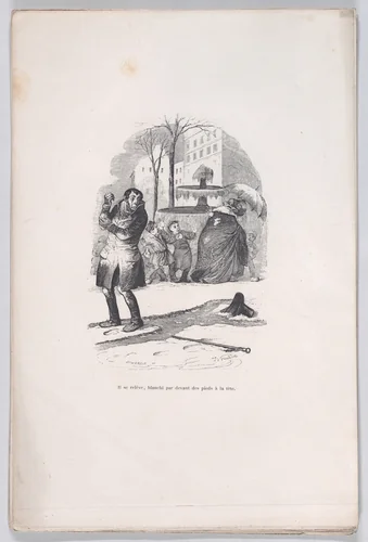He gets up, covered from head to toe in snow, from "Little Miseries of Human Life" by J. J. Grandville, print, 1843