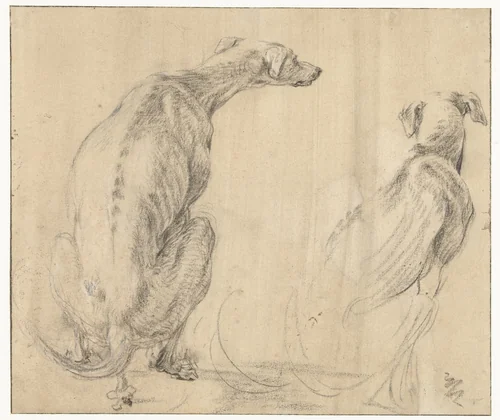 Een zittende hond, zich ontlastend, van opzij en van achteren gezien by Frans Snijders, drawing, 1589-1657