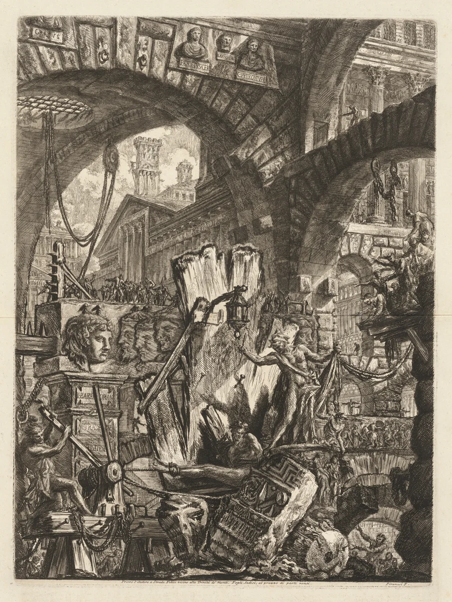 The Prisons: An Architectural Medly, with a Man on the Rock in the Foreground by Giovanni Battista Piranesi, print, 1745-1750