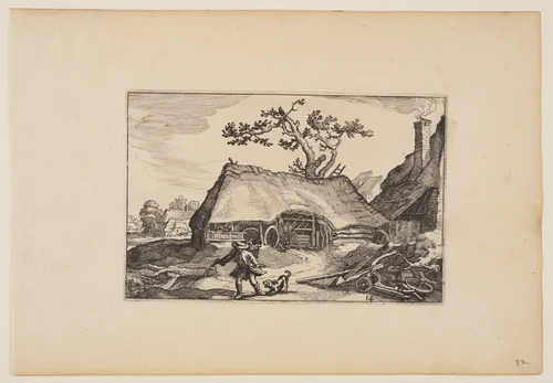 Farm with Shed for a Cart, Man with Barking Dog, from Landscapes by Claes Jansz Visscher, print, 1620