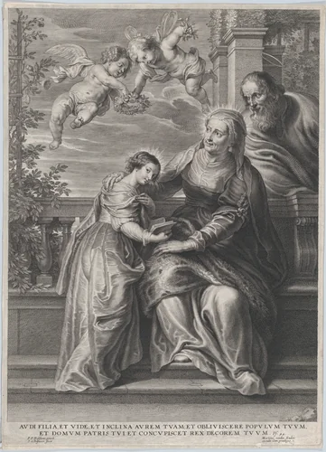 The education of the Virgin, with Saint Anne and the Virgin Mary reading with two putti overhead and Saint Joachim behind them at right by Schelte Adams Bolswert, print, 1625-1654