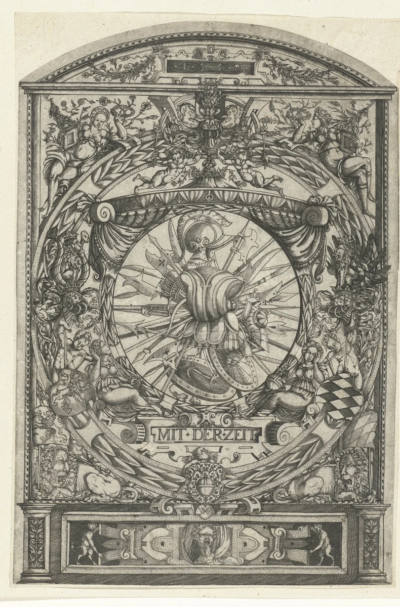 Medaillon met wapentrofee in ornamentale omlijsting by Unknown, print, 1559