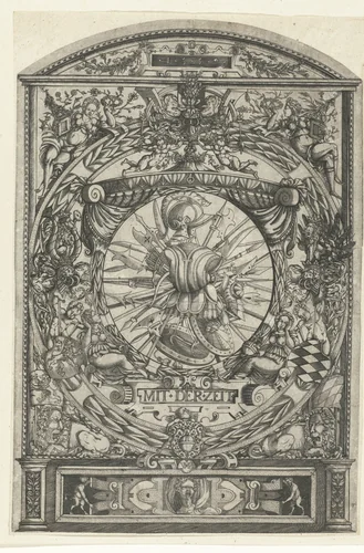 Medaillon met wapentrofee in ornamentale omlijsting by Unknown, print, 1559