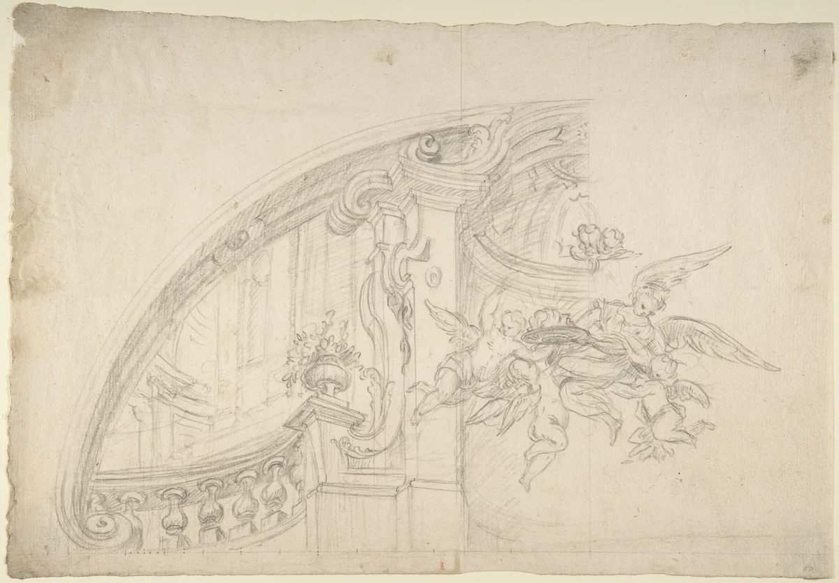Sketch for the Rear Arched Area of a Chapel, with an Angel and Three Putti Holding Up a Plate with the Head of the Baptist by anonymous, drawing, 1700-1780