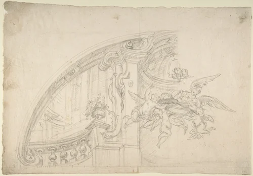 Sketch for the Rear Arched Area of a Chapel, with an Angel and Three Putti Holding Up a Plate with the Head of the Baptist by anonymous, drawing, 1700-1780