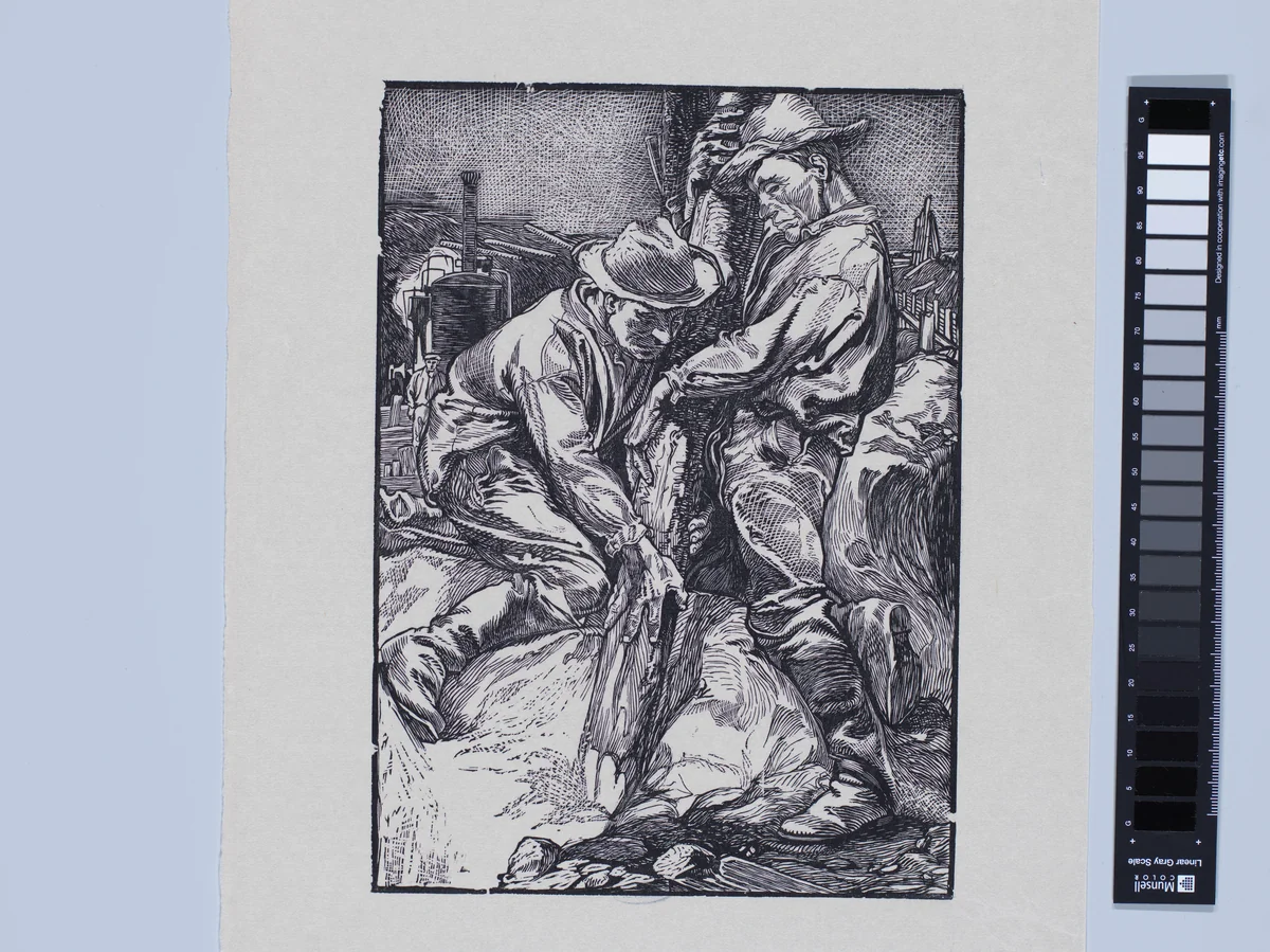 Bouwarbeiders bezig met heiwerk by Johannes Josephus Aarts, print, 1881-1934