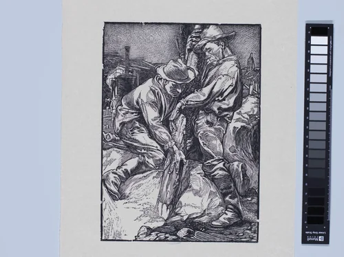 Bouwarbeiders bezig met heiwerk by Johannes Josephus Aarts, print, 1881-1934