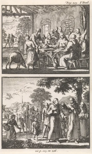 Pater Montalto bezoekt zijn ouderlijk huis te Grotte / Pater Montalto in gesprek met Pater Caputti by Jan Luyken, print, 1697