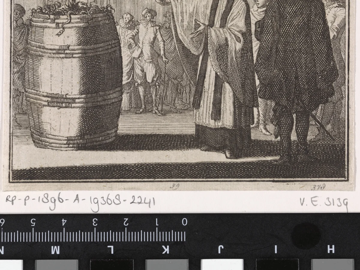 Priester Foulques aanschouwt de bekeerde woekeraar in een vat vol met slangen en wormen by Caspar Luyken, print, 1704