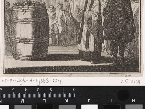 Priester Foulques aanschouwt de bekeerde woekeraar in een vat vol met slangen en wormen by Caspar Luyken, print, 1704