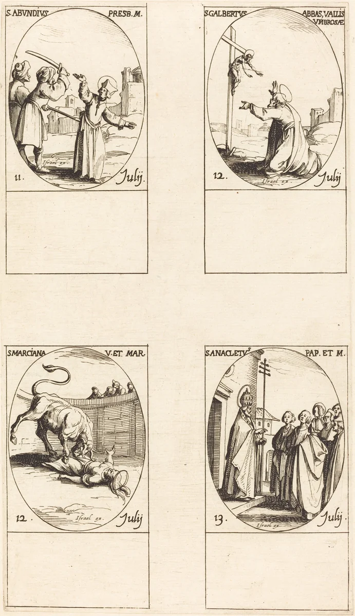 St. Abundius; St. Galbertus; St. Marciana; St. Anacletus by Jacques Callot, print, 1627-1637