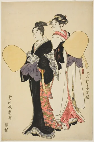 Young Couple Dressed as Mendicant Monks by Kitagawa Utamaro (喜多川歌麿), print, 1789-1799