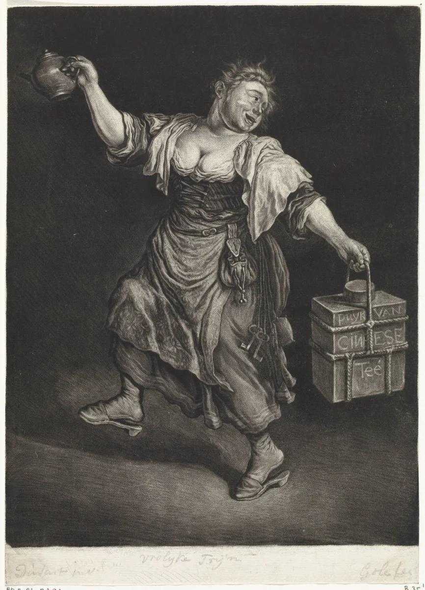 De Theeverkoopster, ca. 1695-1697 by Cornelis Dusart, print, 1695-1704