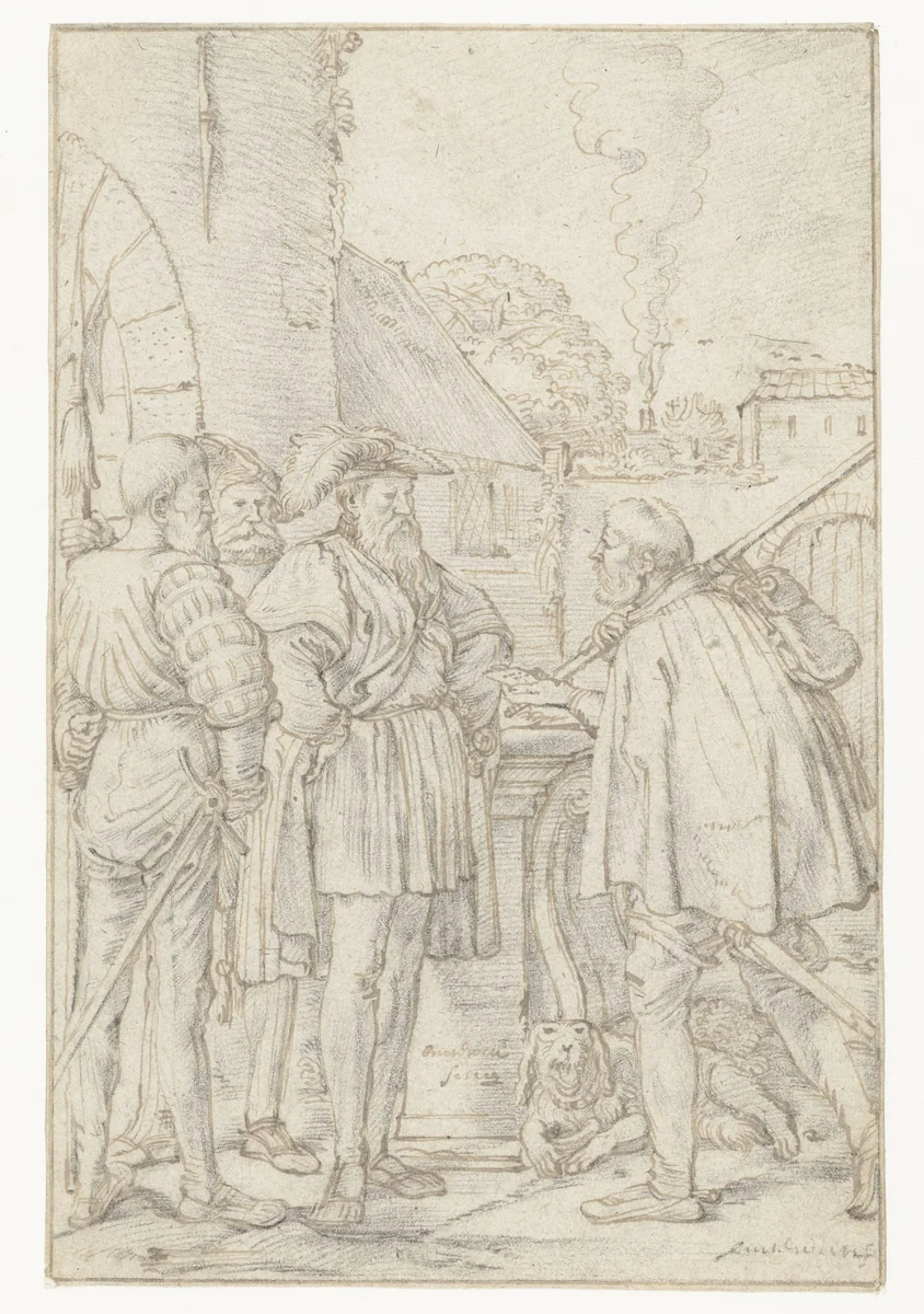 Schout van Dordrecht ontvangt de brief van de graaf by Willem Pietersz Buytewech, drawing, 1619
