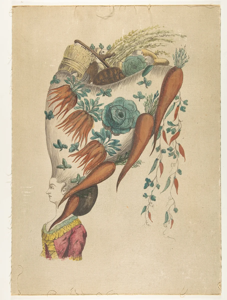 Fantastic Hairdress with Fruit and Vegetable Motif by anonymous, drawing, 1700-1799