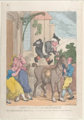 How to Vault in the Saddle or a New Invented Patent Crane for the Accomodation or Rheumatic Rump'd Rectors by Thomas Rowlandson, print, 1813