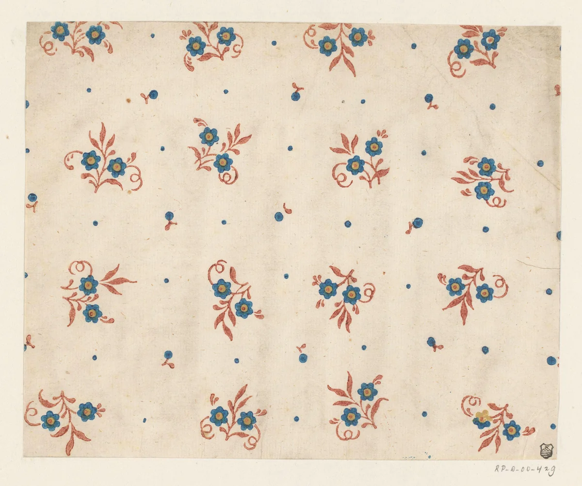 Blad met strooipatroon van bloemen omgeven door vruchtjes by anonymous, print, 1700-1850