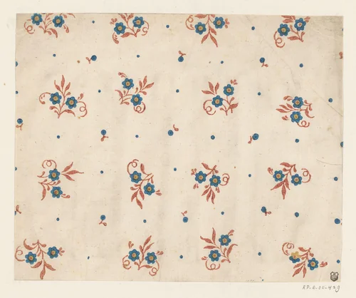 Blad met strooipatroon van bloemen omgeven door vruchtjes by anonymous, print, 1700-1850