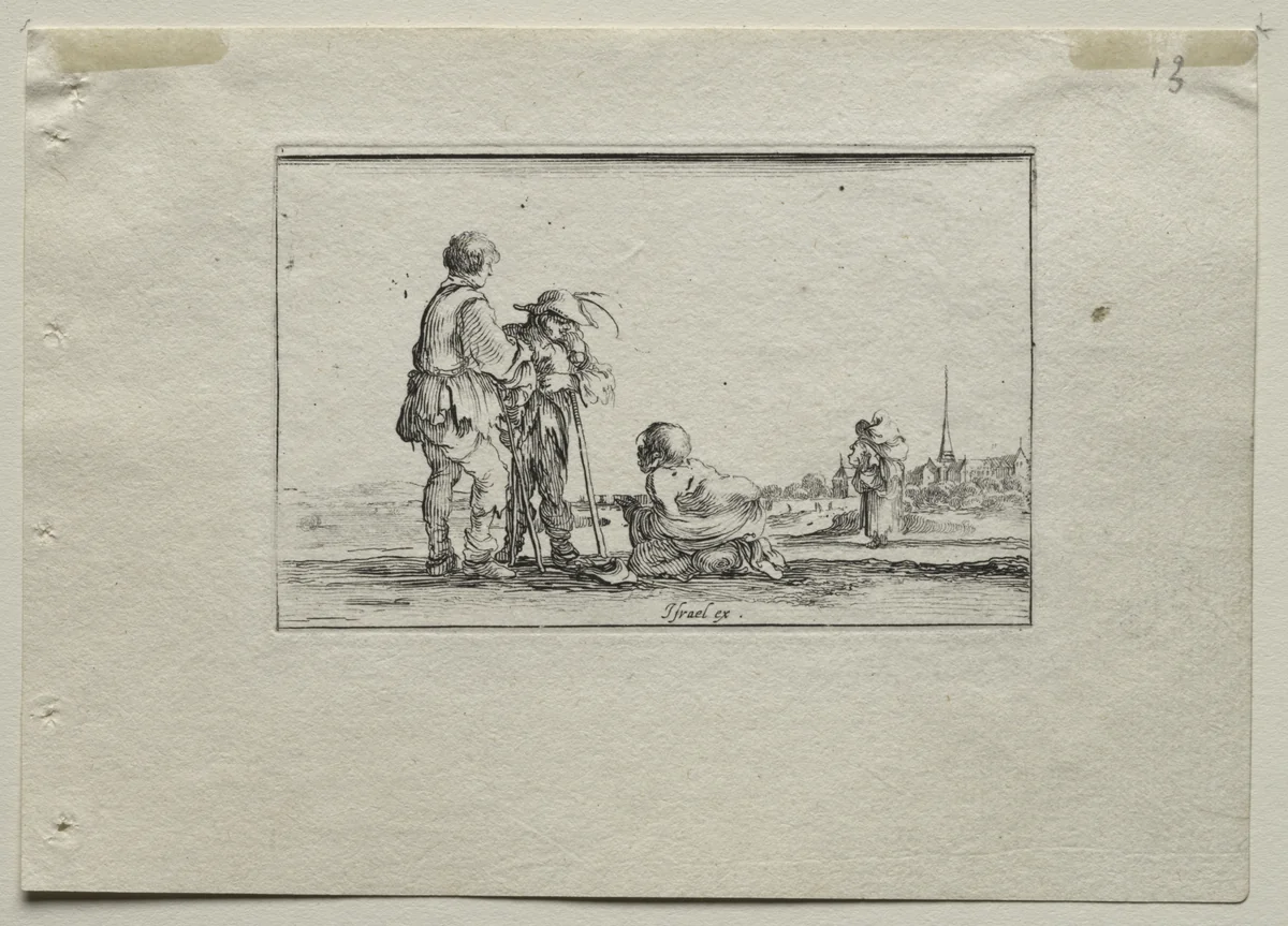 Caprices: Two Standing Beggars and a Cripple by Stefano della Bella, print, 1637-1647