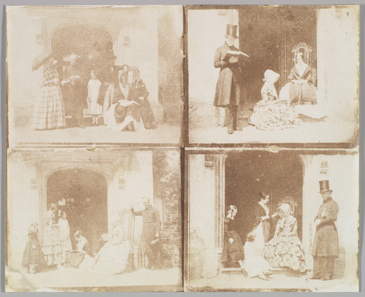 [Contact sheet of four group portraits in a doorway] by Calvert Richard Jones, photograph, 1845-1855