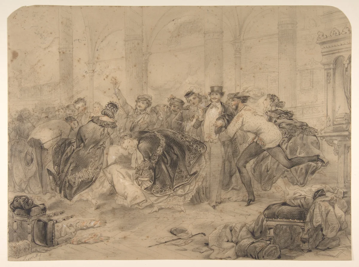 Crowd Leaving a Theater (?) by Pierre-Numa Bassaget, drawing, 1800-1899