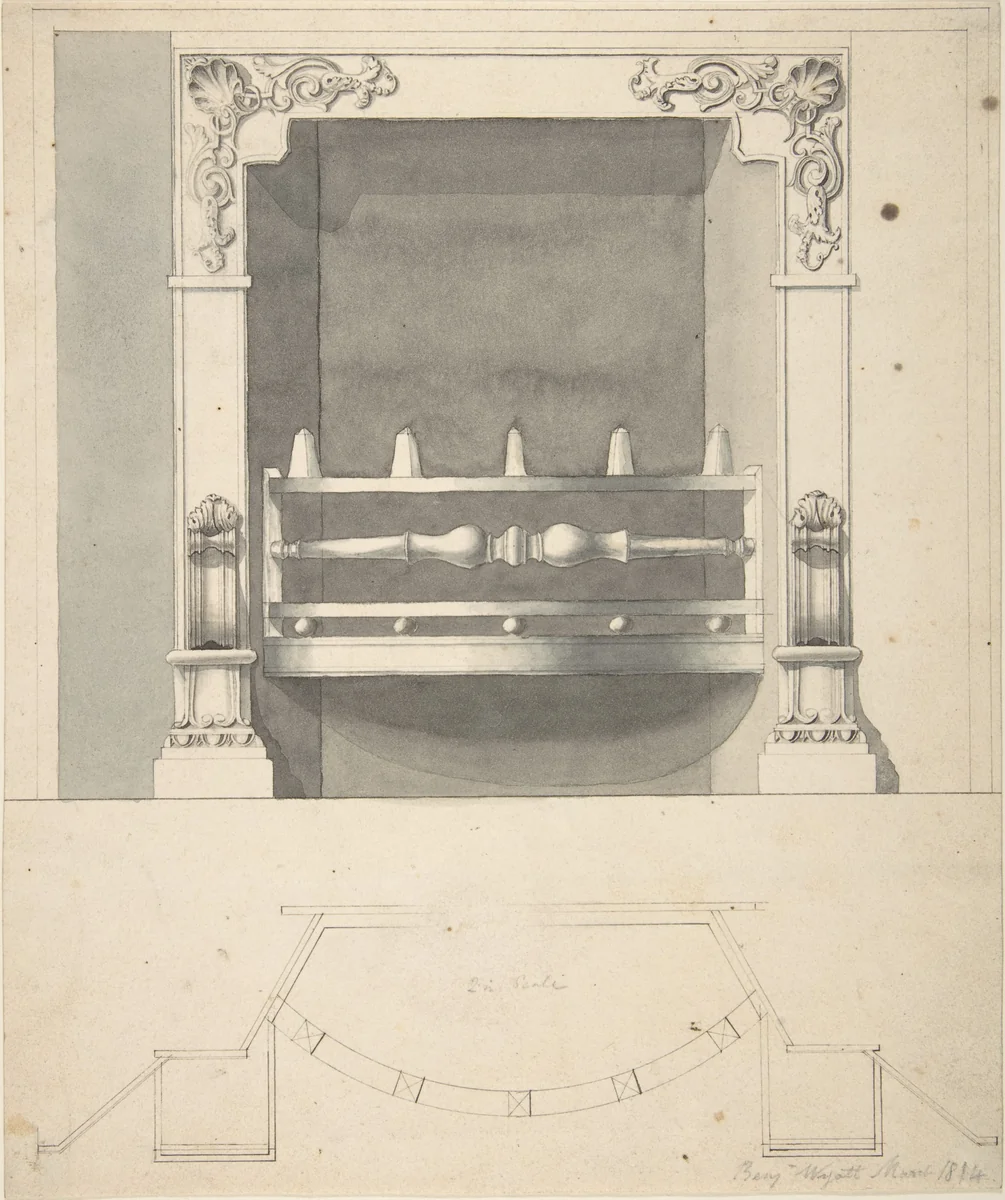 Design for a Cast-iron Hob Grate in Ormolu by Benjamin Dean Wyatt, drawing, 1814