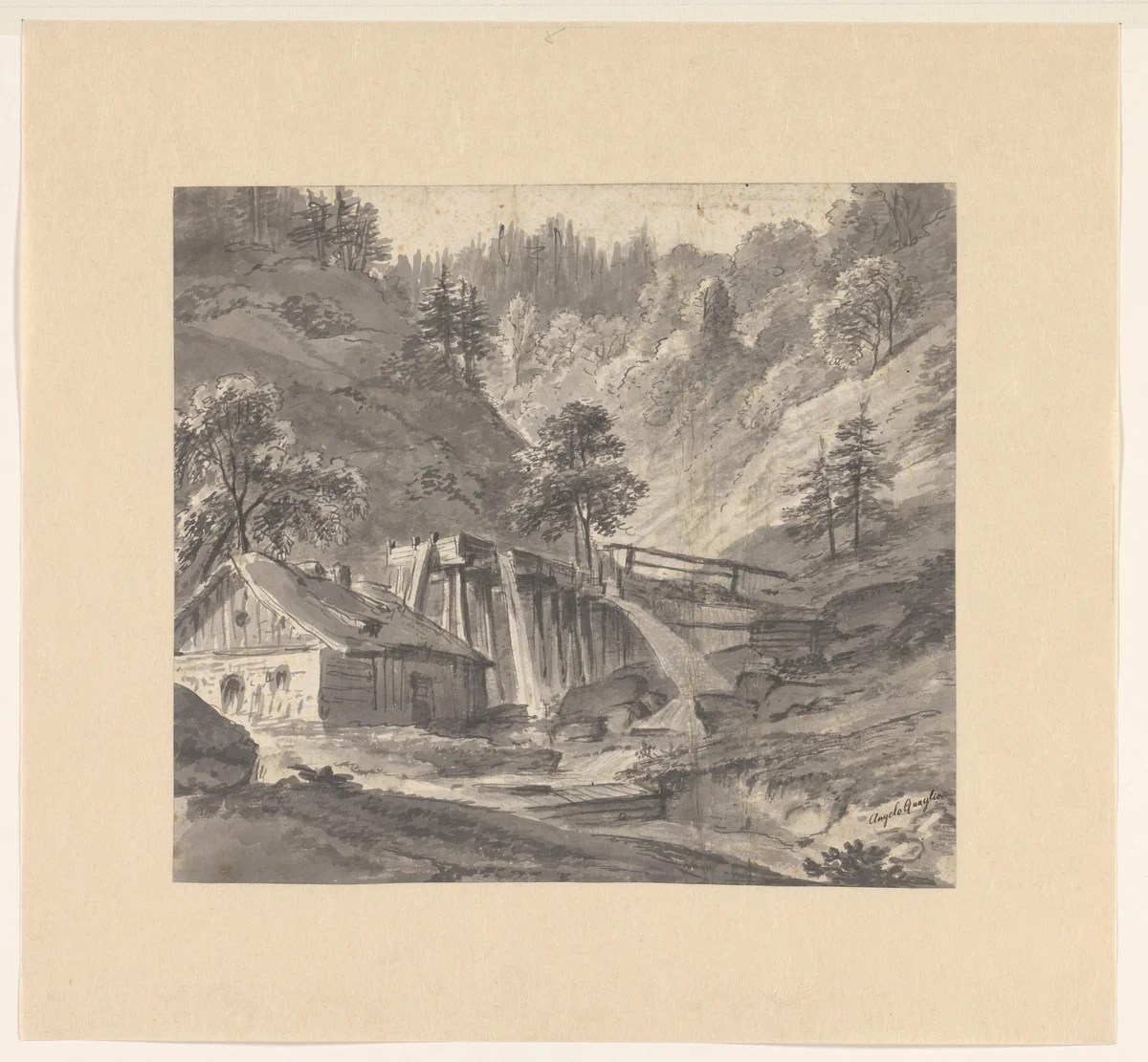 Waterval in de bergen by Angelo Quaglio, drawing, 1788-1815