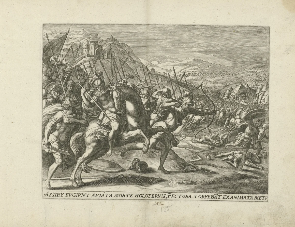 Vlucht van het Assyrische leger by Gerard de Jode, print, 1547-1591