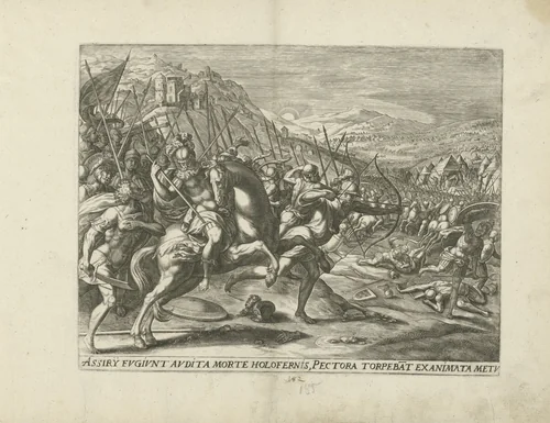 Vlucht van het Assyrische leger by Gerard de Jode, print, 1547-1591