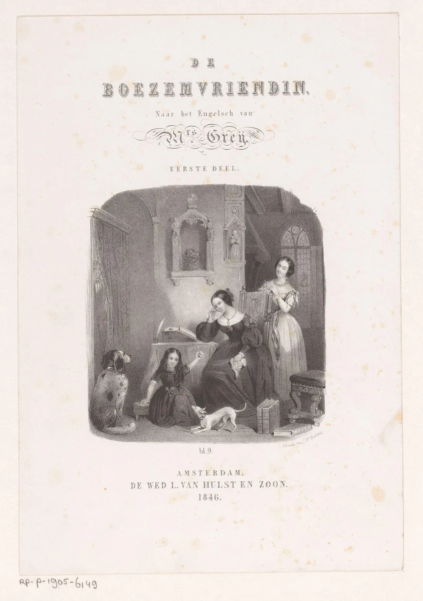 Twee vrouwen en een meisje in een interieur by anonymous, print, 1846